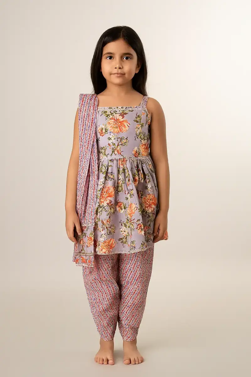 Ethnic wear pure cotton dress as full set for girls Purple