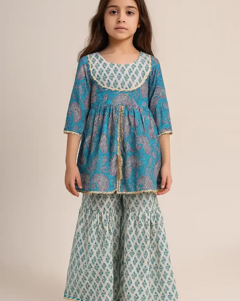 Ethnic wear pure cotton dress as full set for girls Light Blue