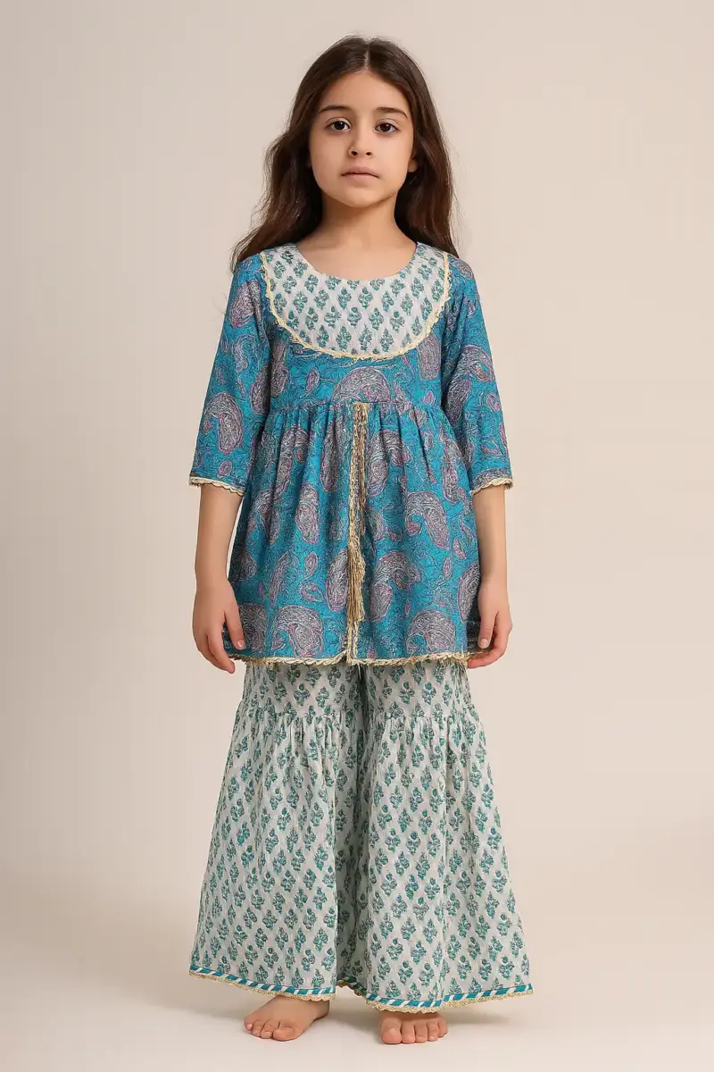 Ethnic wear pure cotton dress as full set for girls Light Blue