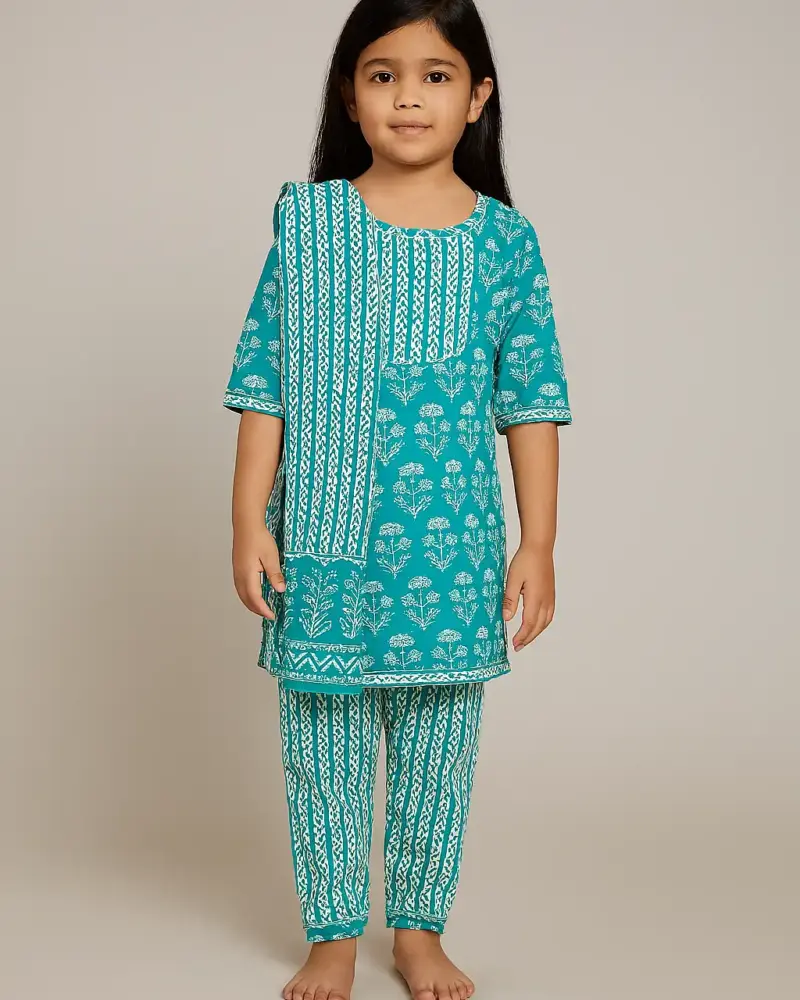 Ethnic wear pure cotton dress as full set for girls Sea Green