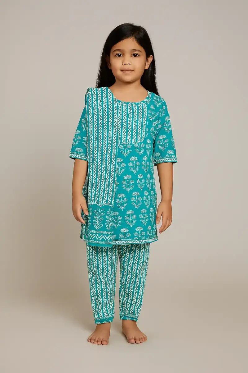 Ethnic wear pure cotton dress as full set for girls Sea Green