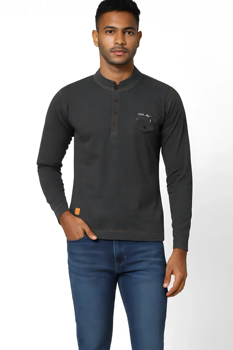 Men’s Dark Grey Long Sleeve Henley Shirt | Casual Cotton Blend with Pocket