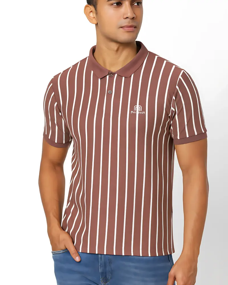 Men’s Brown Vertical Striped Polo T-Shirt | Casual Cotton Short Sleeve Polo