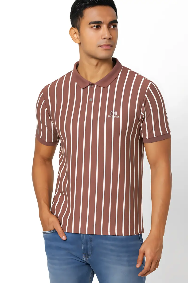 Men’s Brown Vertical Striped Polo T-Shirt | Casual Cotton Short Sleeve Polo