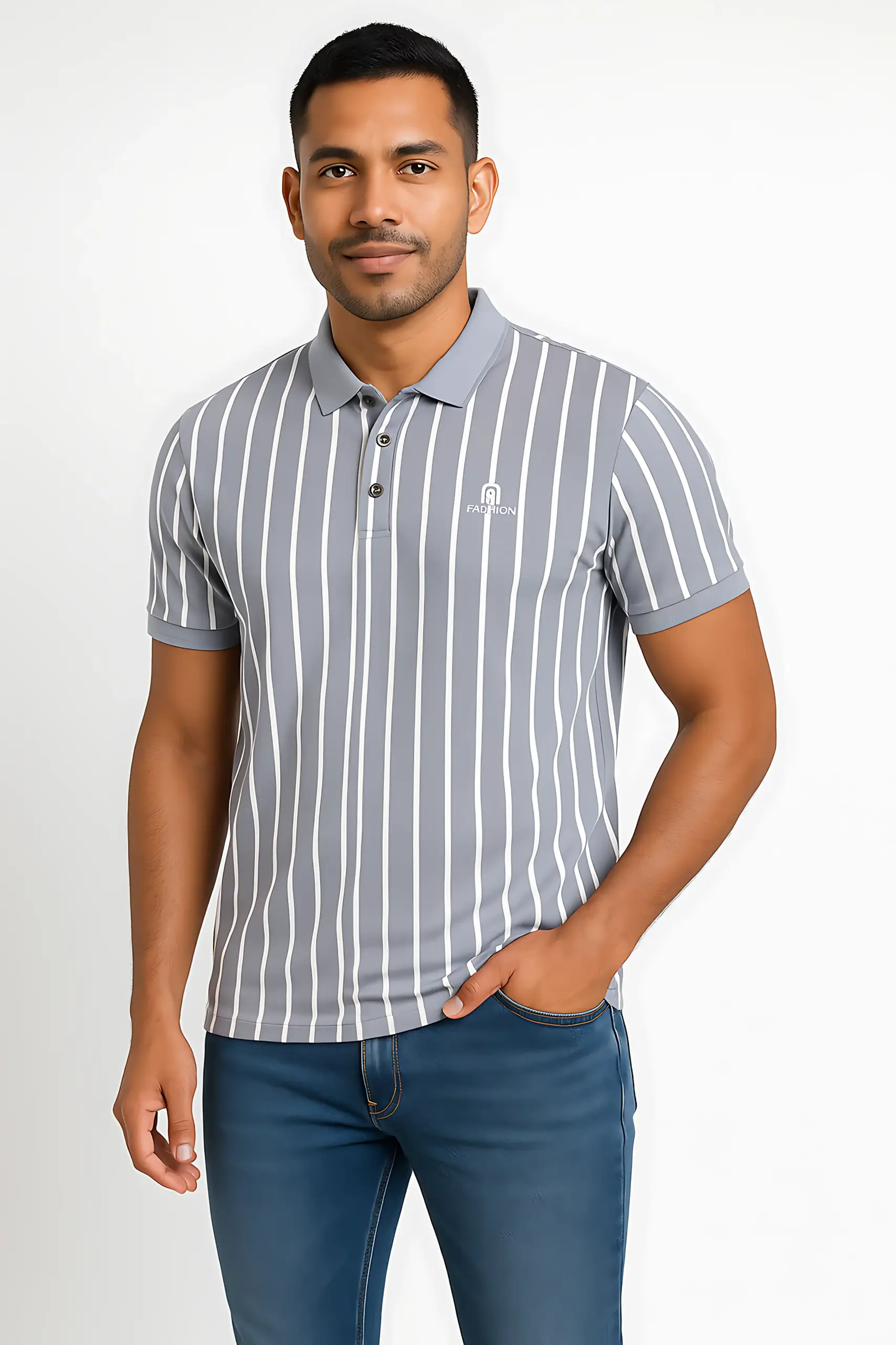 Men’s Light Grey Vertical Striped Polo T-Shirt | Casual Cotton Short Sleeve Polo
