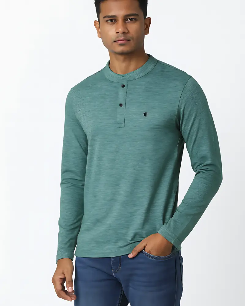 Men’s Green Long Sleeve Henley T-Shirt | Casual Cotton Blend Top