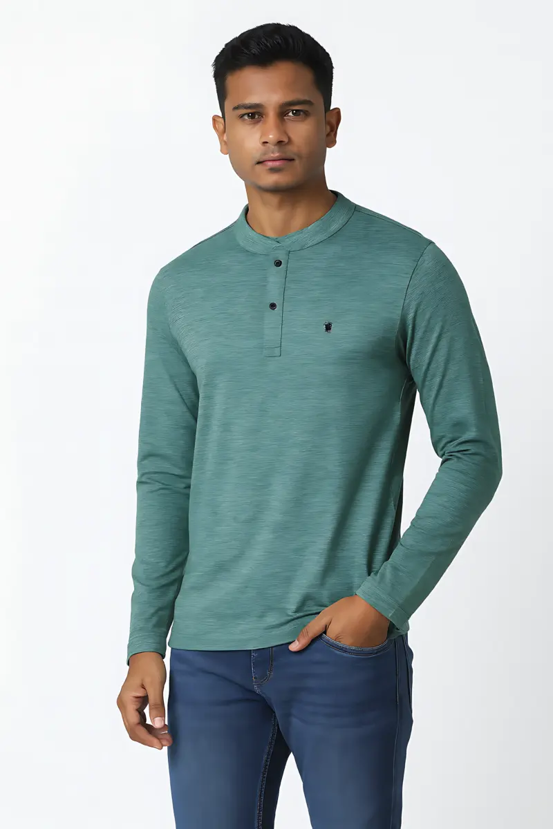 Men’s Green Long Sleeve Henley T-Shirt | Casual Cotton Blend Top