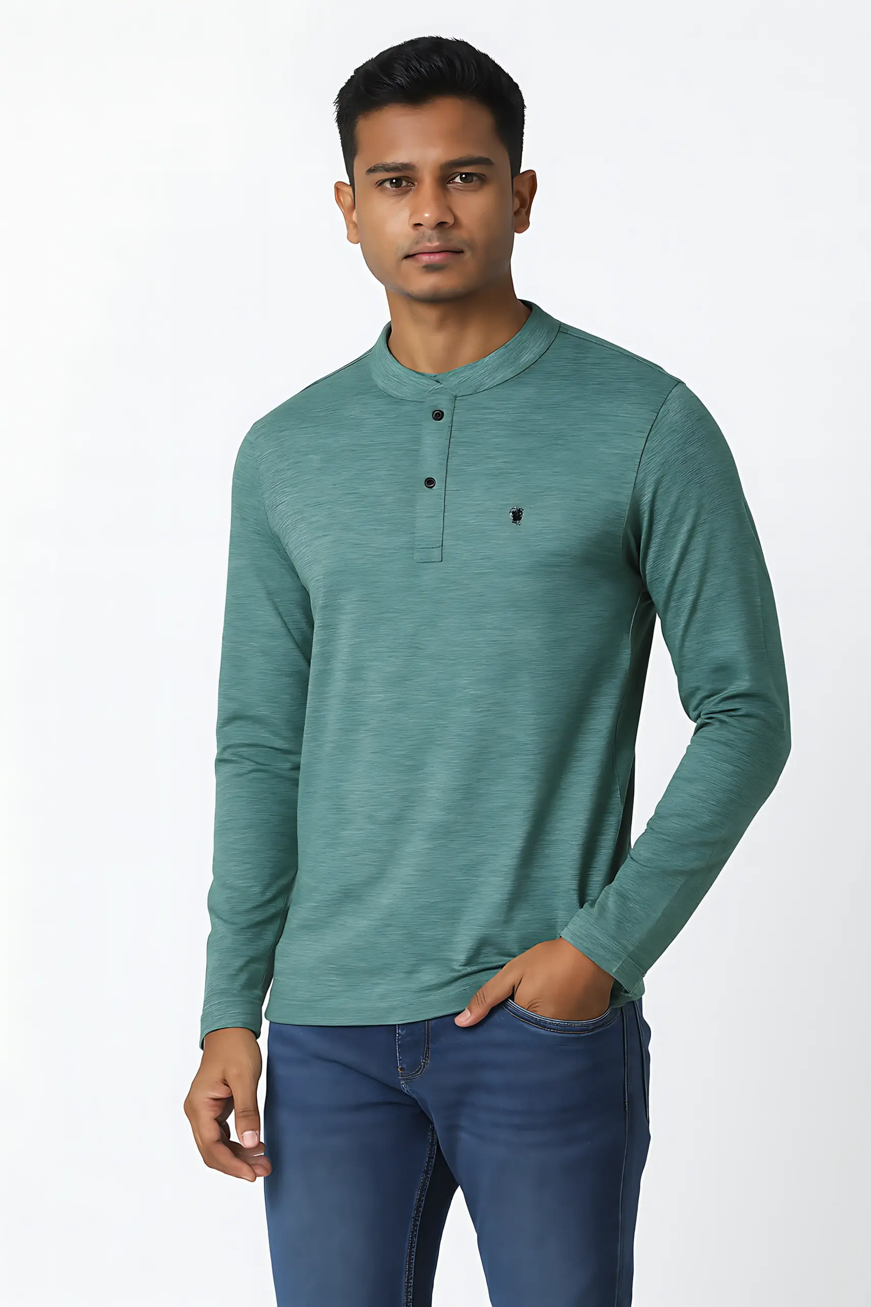 Men’s Green Long Sleeve Henley T-Shirt | Casual Cotton Blend Top
