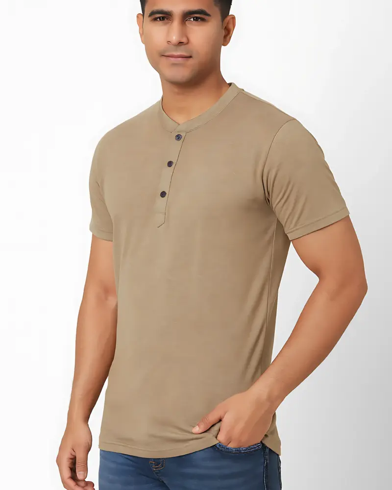 Men’s Beige Short Sleeve Henley T-Shirt | Casual Cotton Polo Style