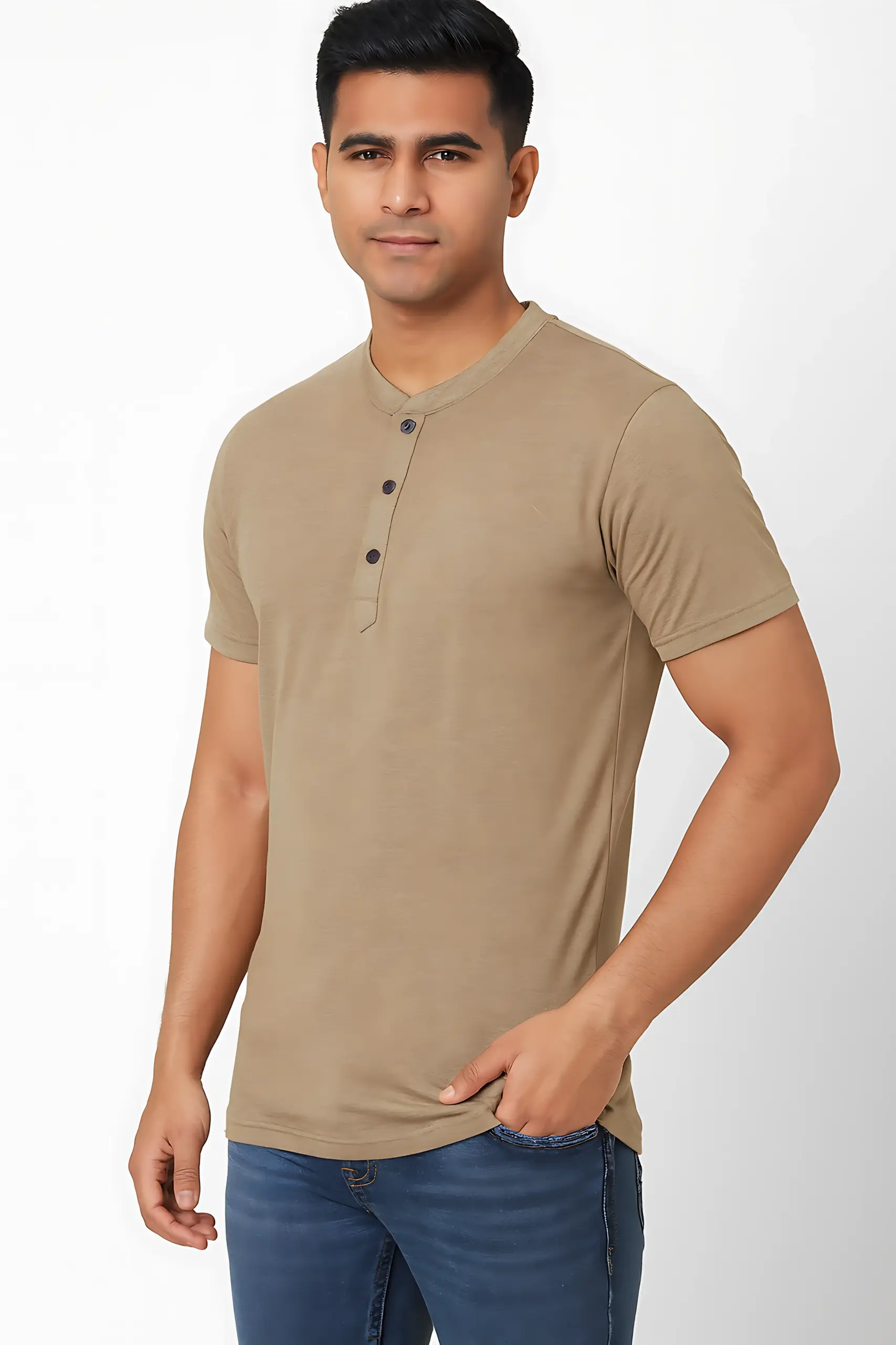Men’s Beige Short Sleeve Henley T-Shirt | Casual Cotton Polo Style