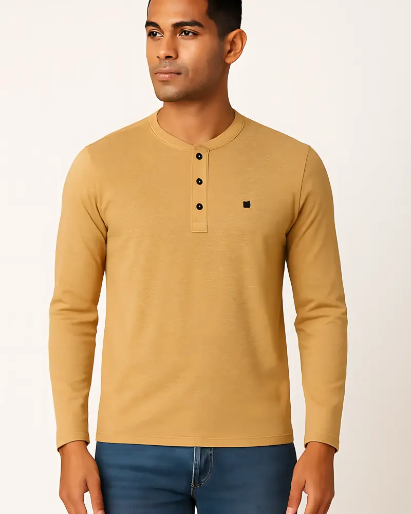 Men’s Mustard Long Sleeve Henley T-Shirt | Casual Cotton Blend Top