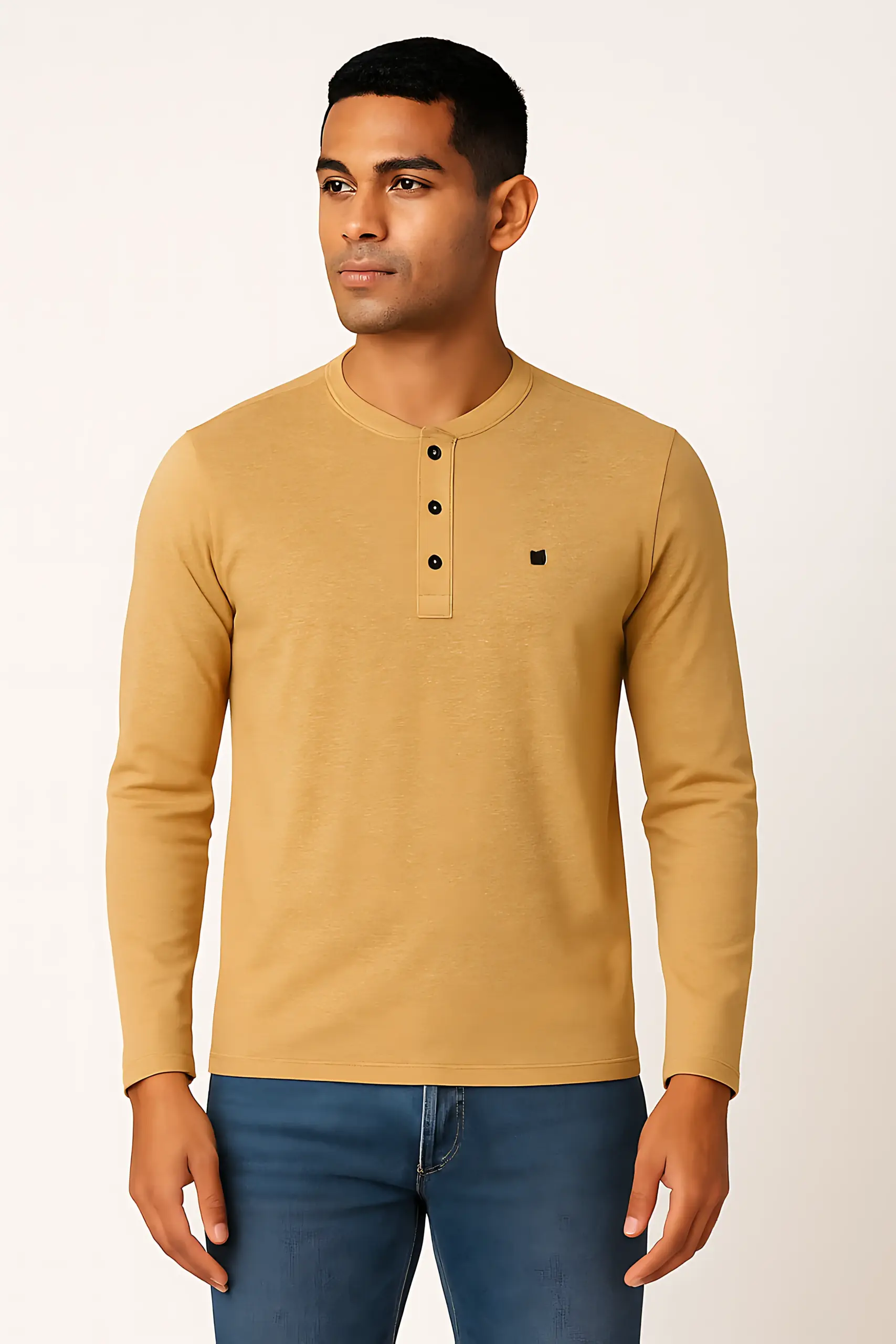 Men’s Mustard Long Sleeve Henley T-Shirt | Casual Cotton Blend Top
