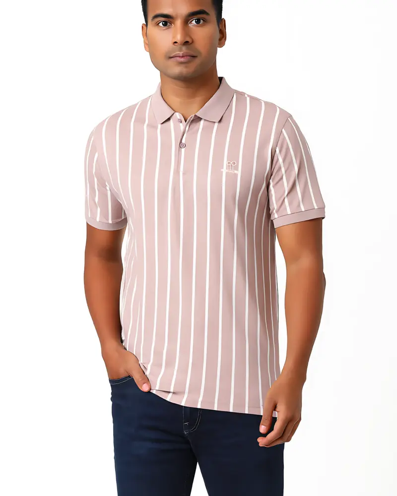 Men’s Mauve Striped Polo T-Shirt | Casual Cotton Short Sleeve Polo