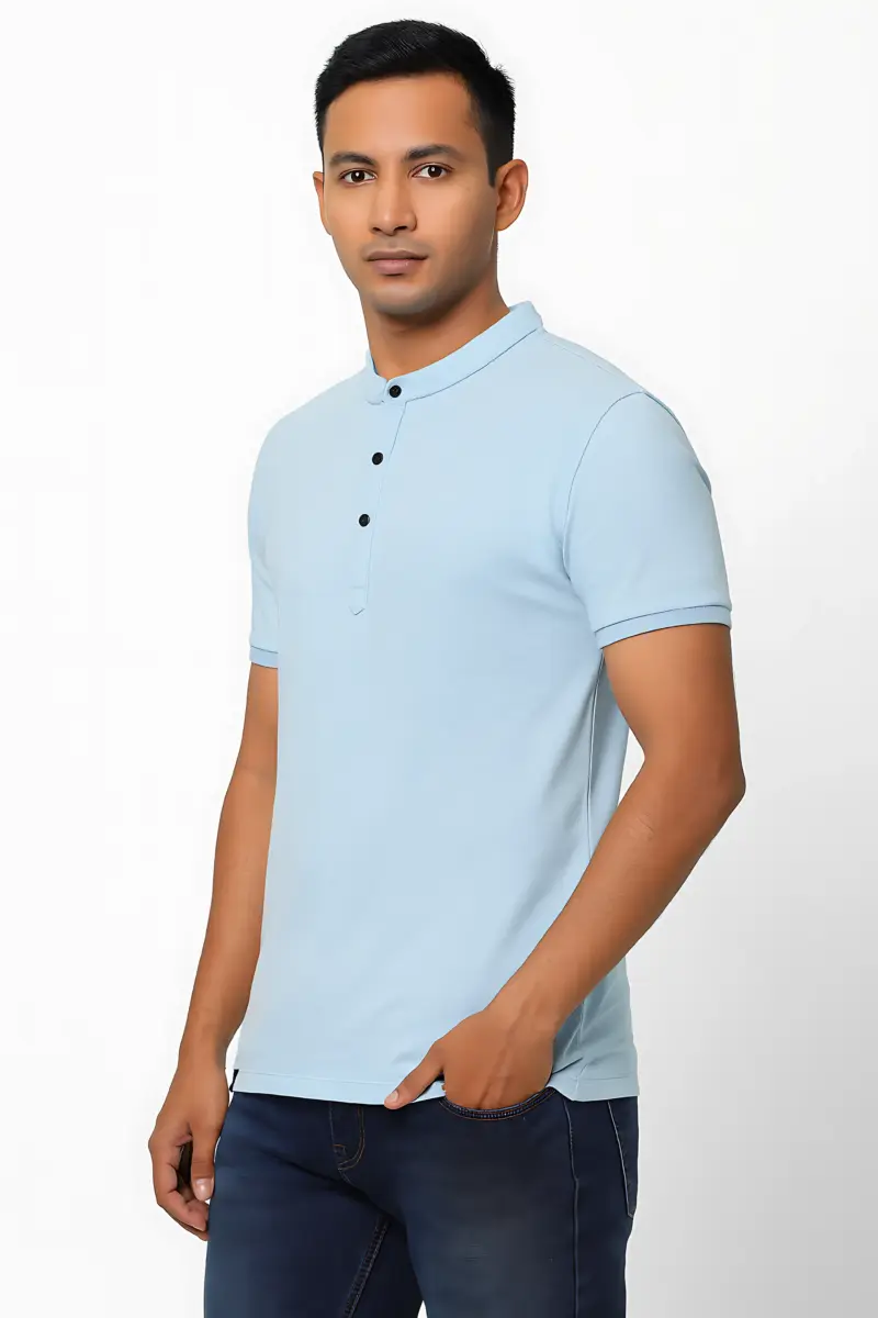 Men’s Light Blue Henley T-Shirt | Casual Cotton Short Sleeve Tee