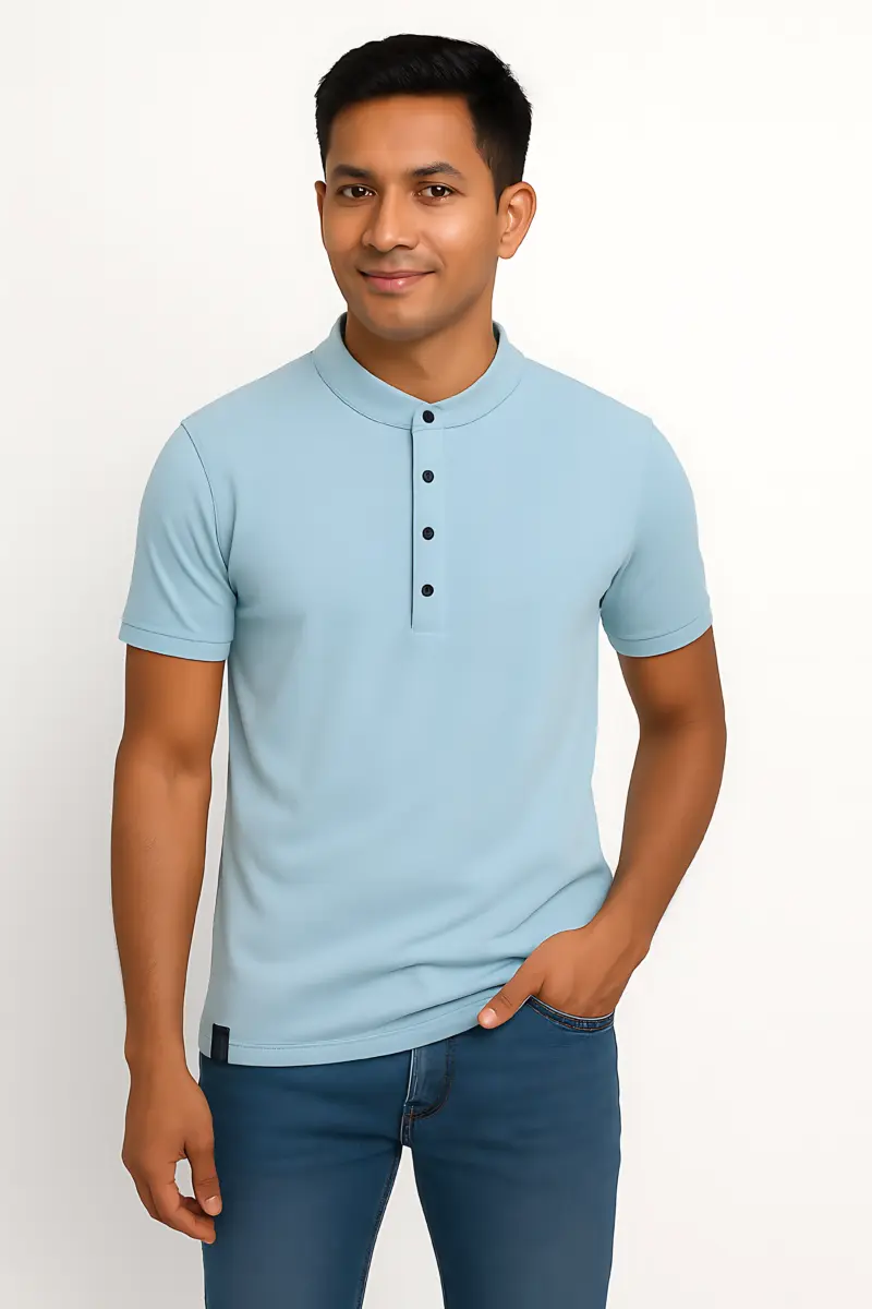 Men’s Light Blue Henley T-Shirt | Casual Cotton Short Sleeve Tee