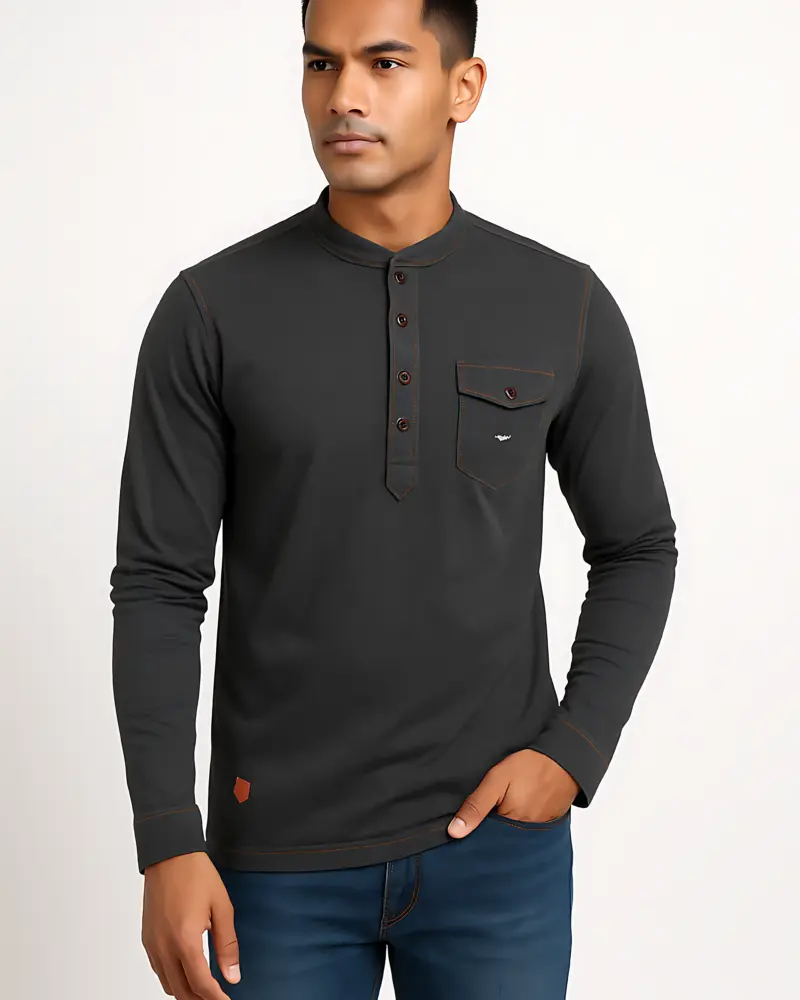 Men’s Dark Grey Long Sleeve Henley Shirt | Casual Cotton Blend with Pocket