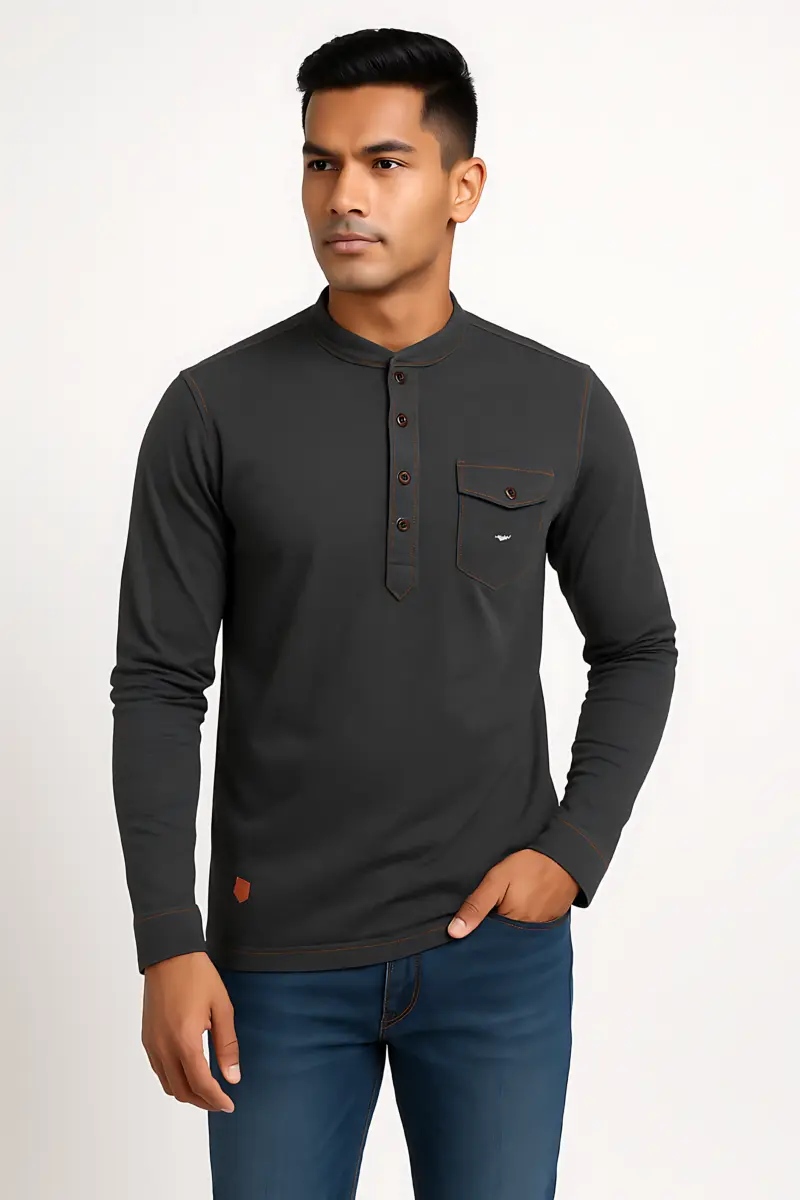 Men’s Dark Grey Long Sleeve Henley Shirt | Casual Cotton Blend with Pocket