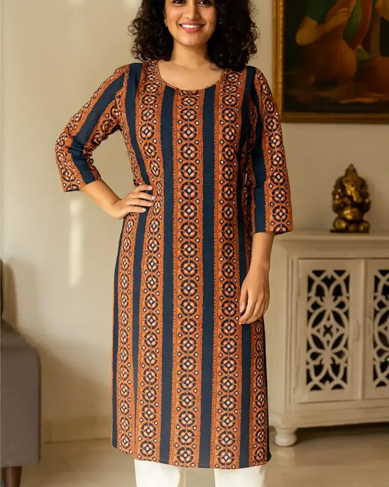 Brown and Navy Printed Cotton Kurti