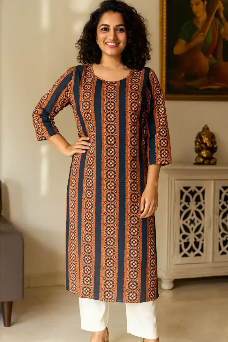 Brown and Navy Printed Cotton Kurti