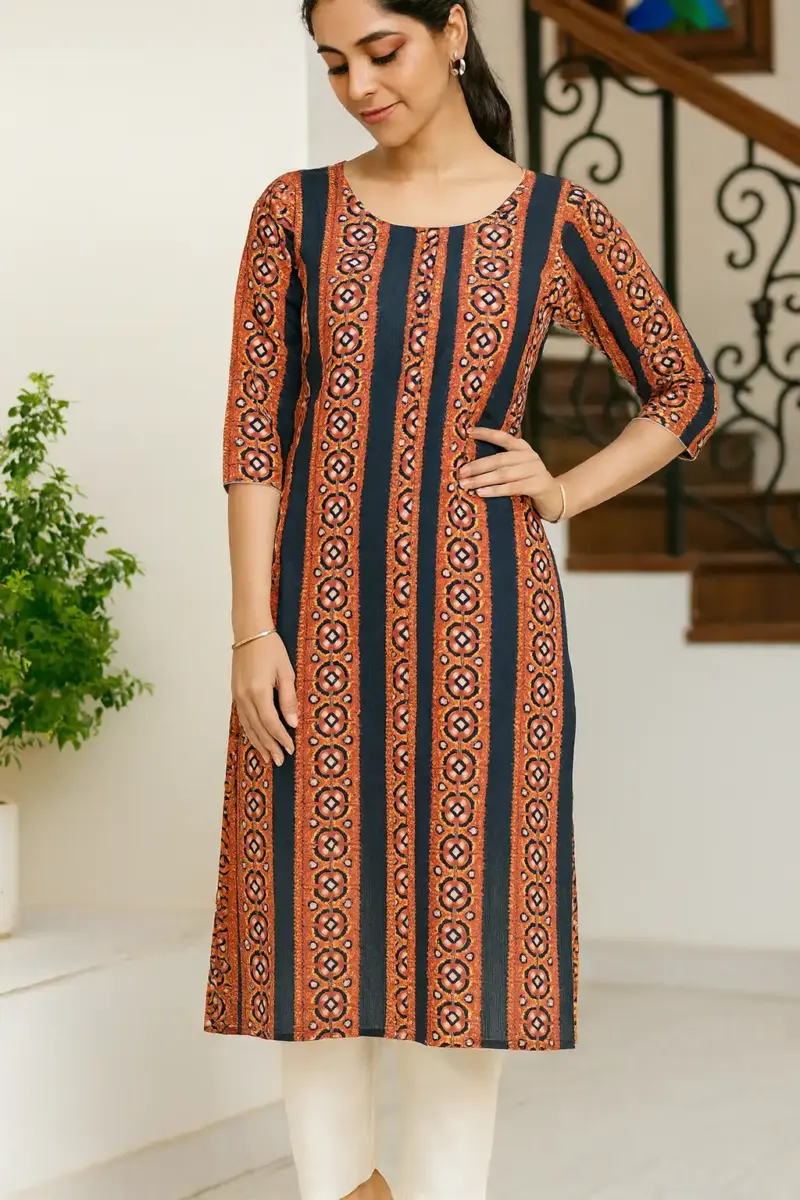 Brown and Navy Printed Cotton Kurti