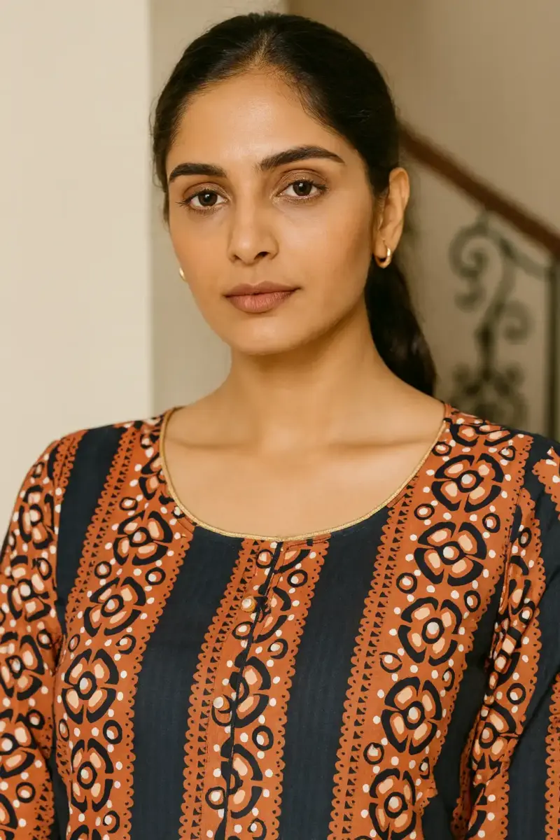 Brown and Navy Printed Cotton Kurti