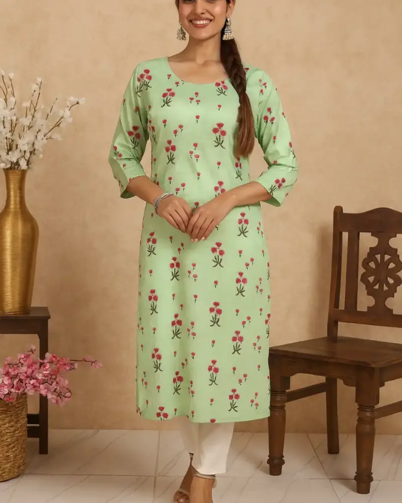 Green Floral Printed Straight Kurti
