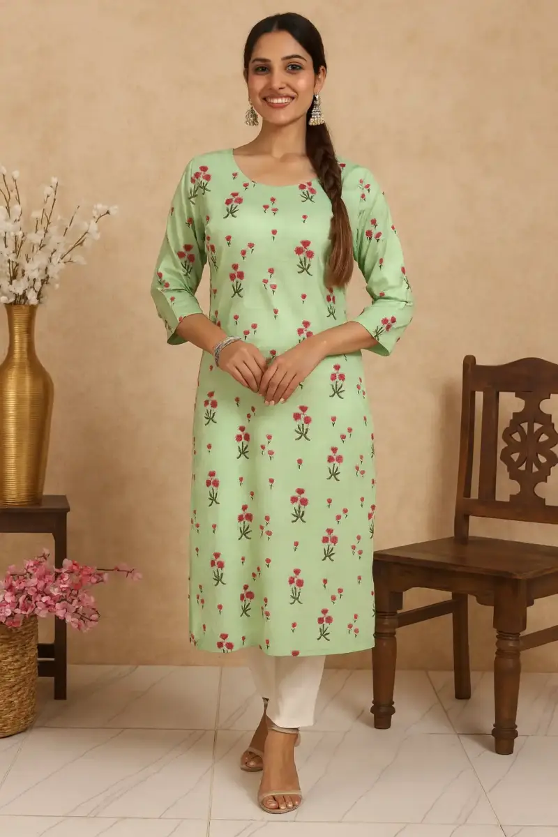 Green Floral Printed Straight Kurti