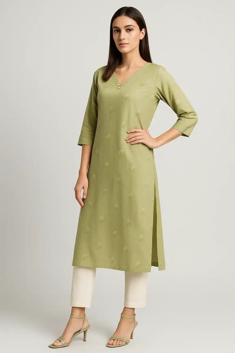 Green Cotton Printed Straight Kurti