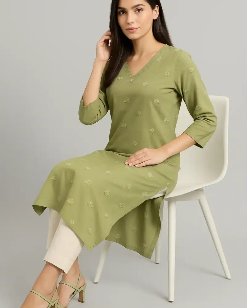 Green Cotton Printed Straight Kurti