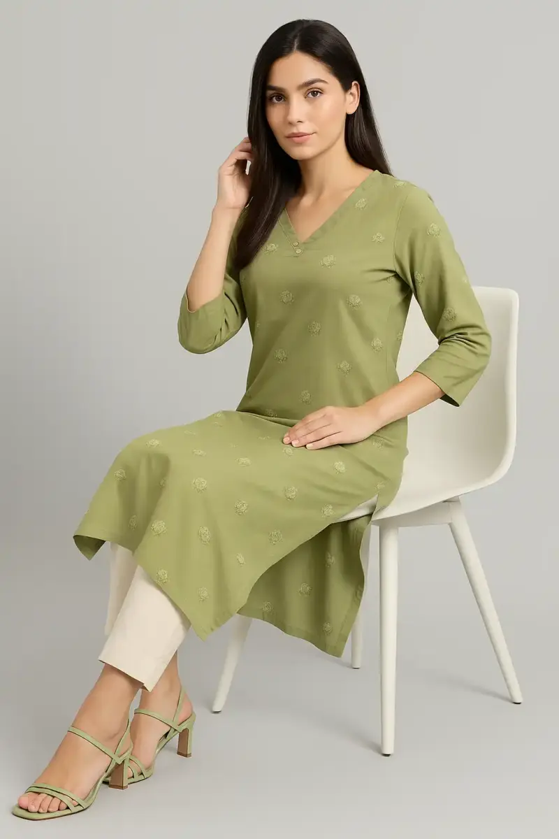 Green Cotton Printed Straight Kurti
