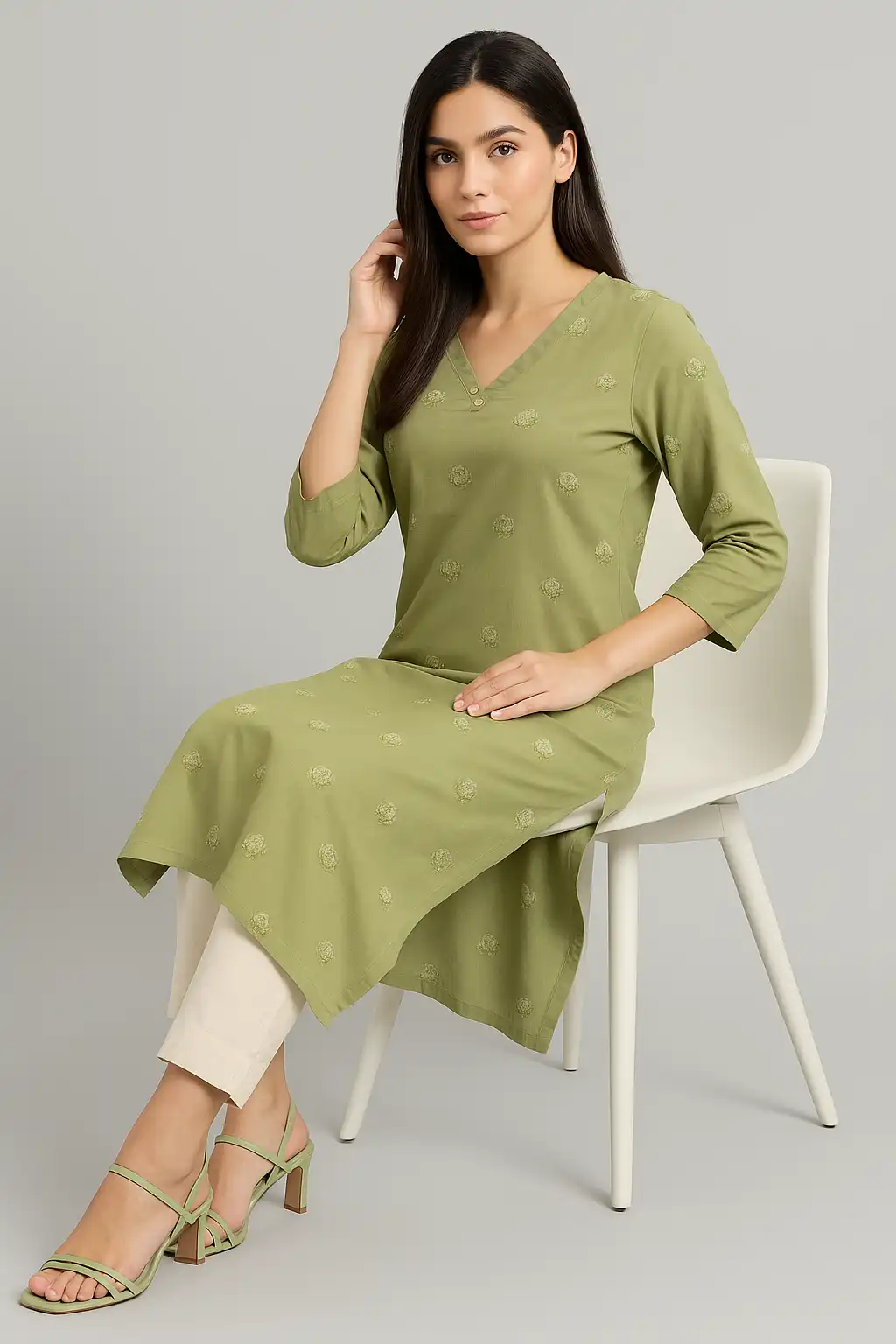 Green Cotton Printed Straight Kurti