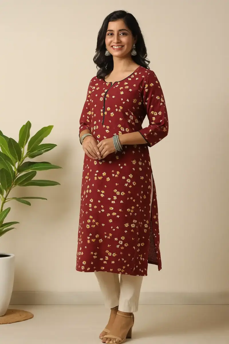 Maroon Floral Print Straight Kurti
