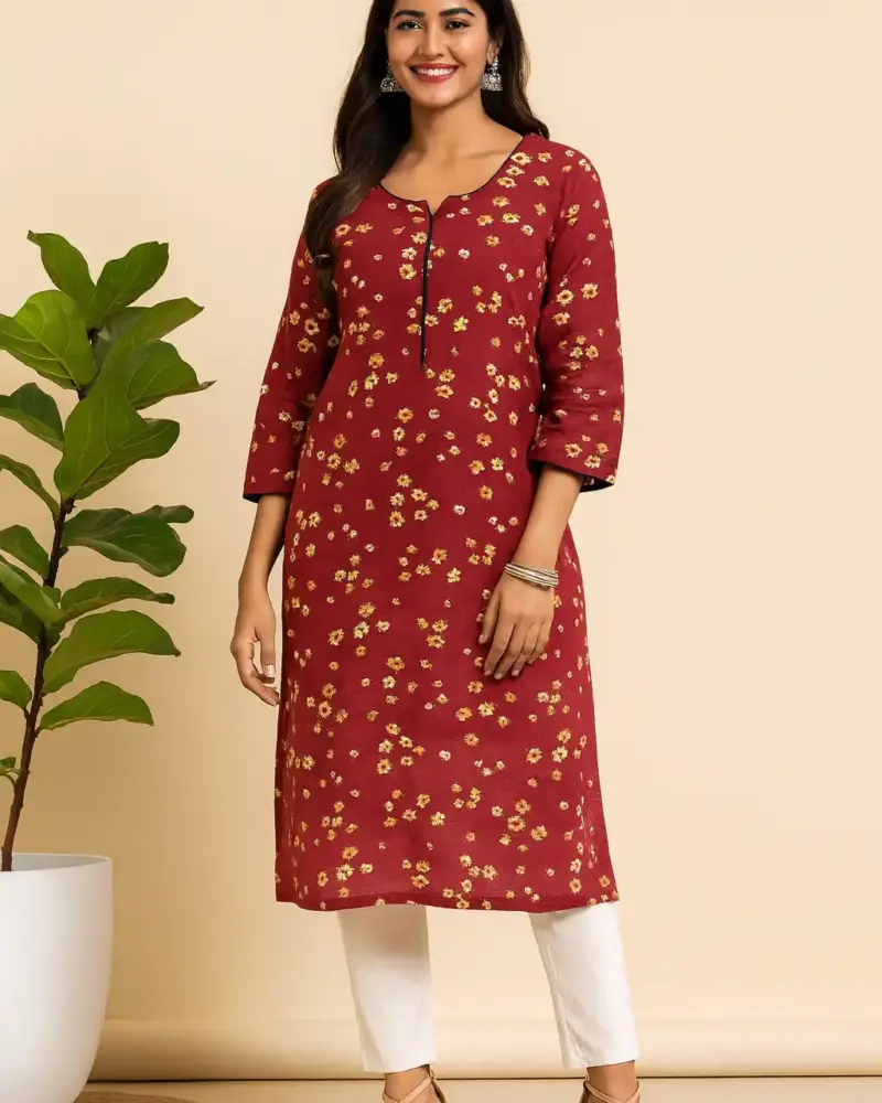 Maroon Floral Print Straight Kurti