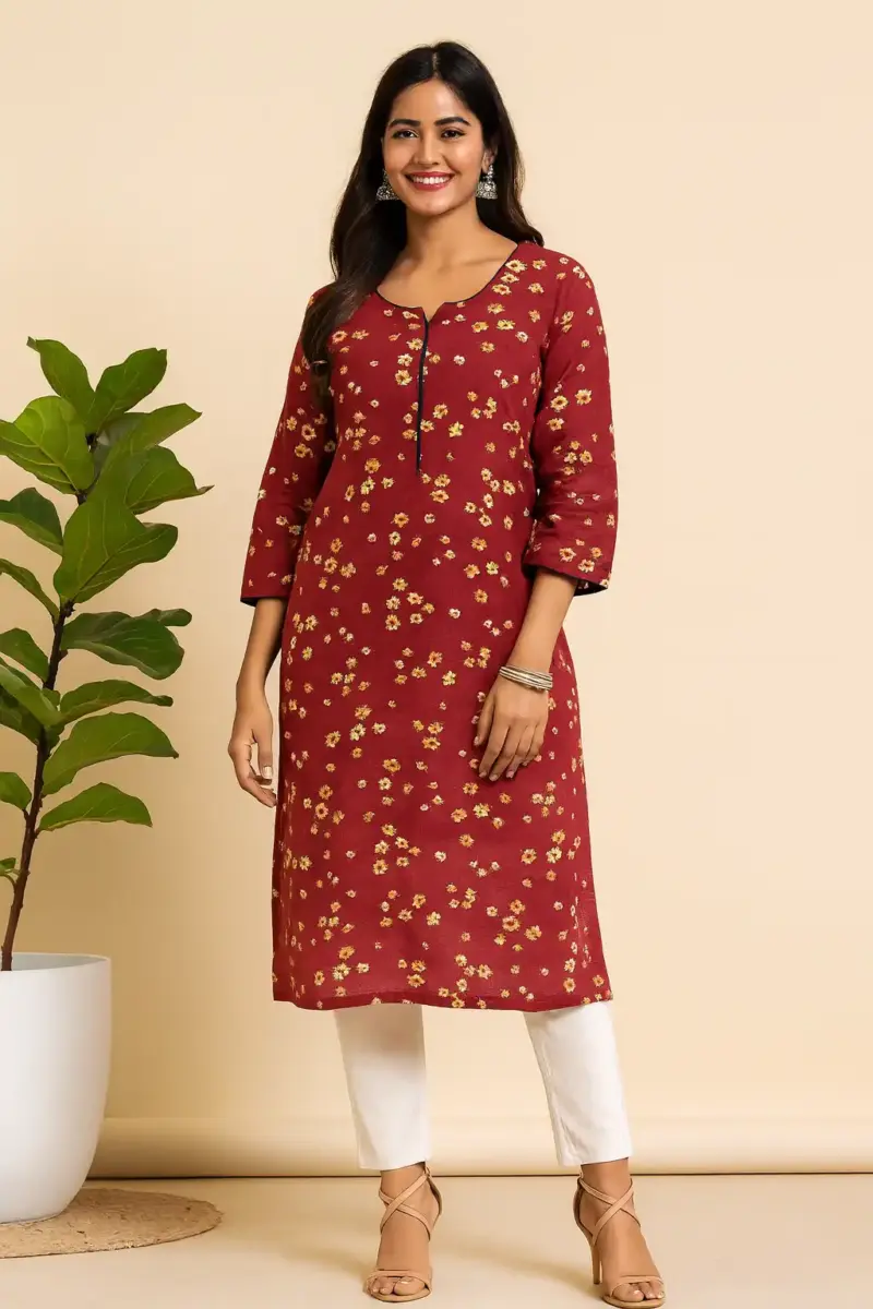 Maroon Floral Print Straight Kurti